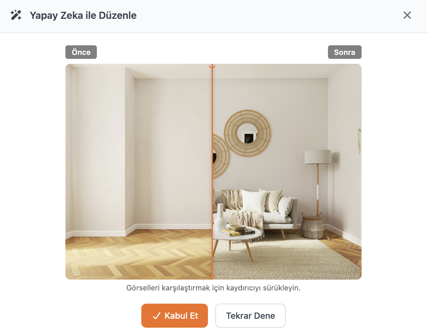 Before and after comparison of an AI-staged living room