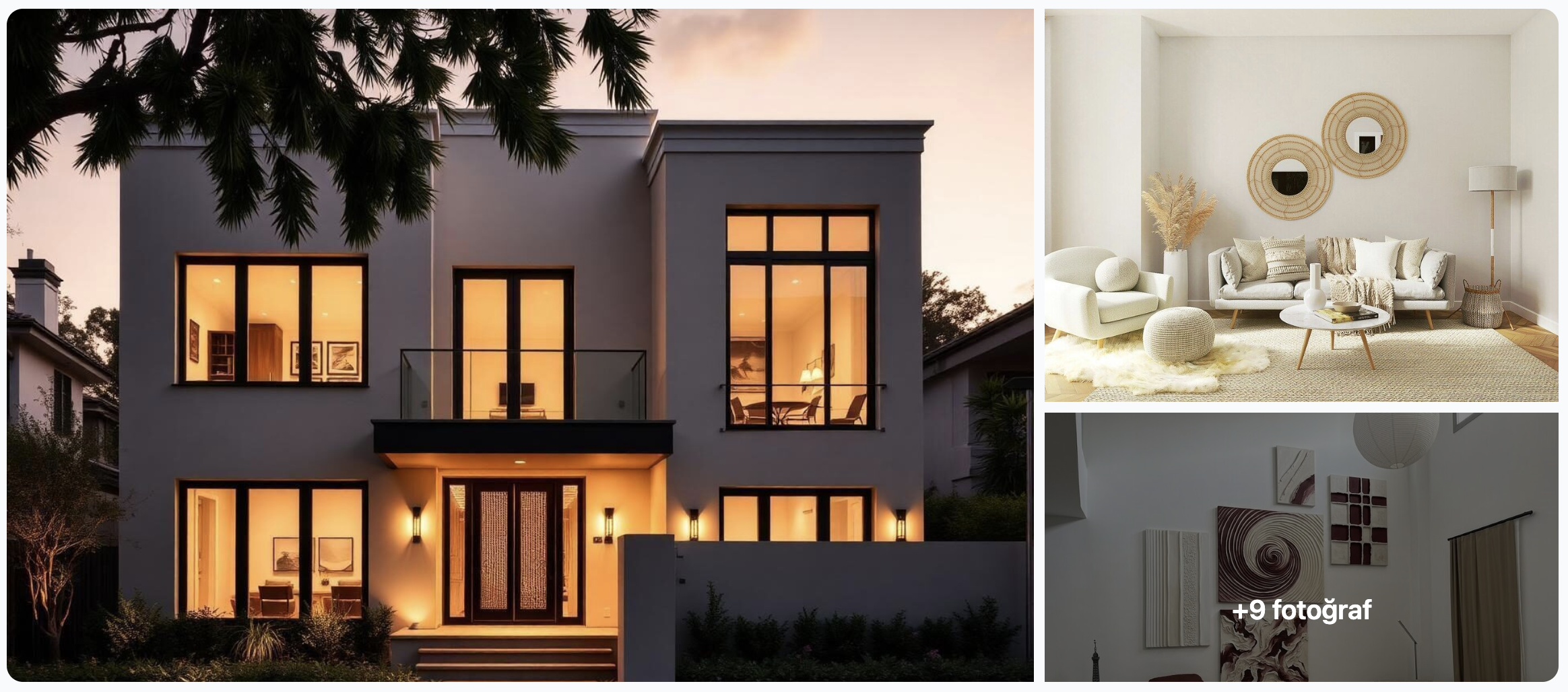Property photo gallery showing a home exterior and interior rooms